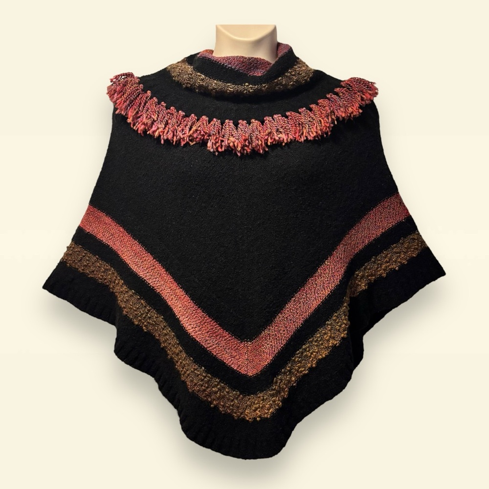 Vintage Poncho Cowl Neck Fringe Black Red Acrylic Wool Bland One Size